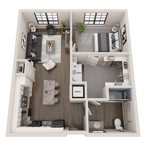 Floor plan for 1 bed, 1 bath, 747 sqft